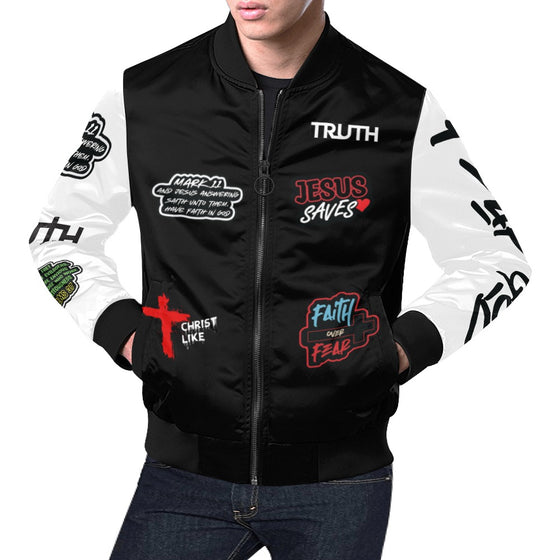 FRATERNITY OF FAITH  BLK AND WHITE All Over Print Bomber Jacket for Men (Model H19)